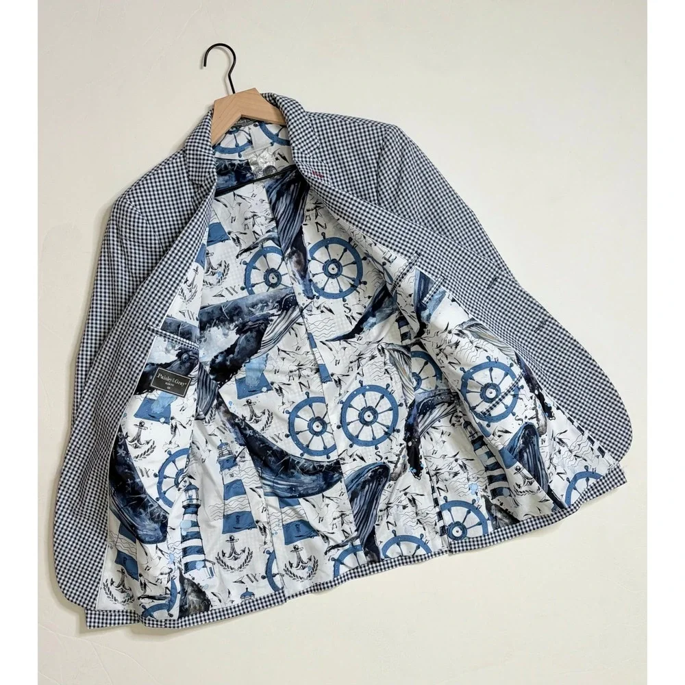 NEW! PAISLEY & GRAY Gingham Peak Two Button Blazer Blue White Nautical Lined 40R